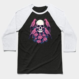 Skull and Flowers and Birds Baseball T-Shirt